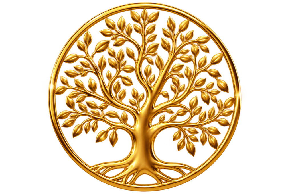 Polished golden Tree of Life emblem for Awareness Alignment Action event
